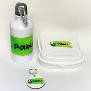 pack botella sandwichera e identificador futbol niño