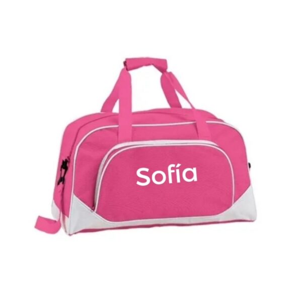 Bolsa de deporte rosa personalizada con nombre de deportista